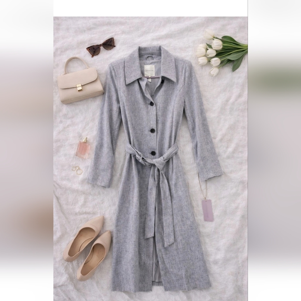 NWT Avec Les Filles Anthropologie Soft Gray Long Trench Coat Button Belt. Xsmall